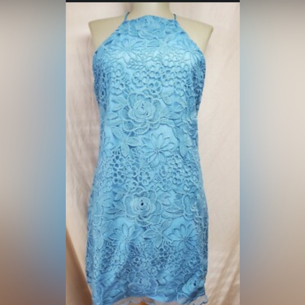 NWT NBD X Revolve Stand By Mini Dress Sz M Lace Niagara Blue Halter